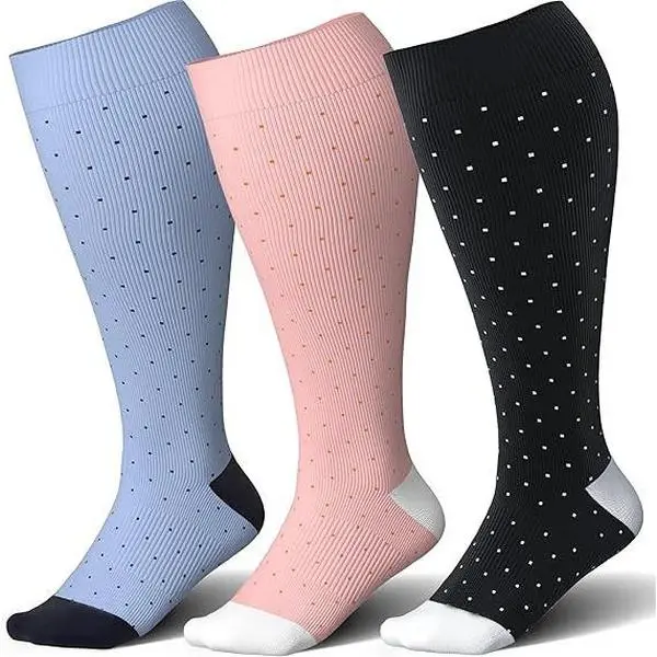 Women's Fashion Colorful Knitting Compression Socks (3 Pairs) - Oversized Extra Large Over-the-Knee, Nylon Blend, Moisture Wicking, Breathable, Lightweight, Soft, Sporty Floral Pattern, Wide Calf, Comfortable Fit for Ladies' Everyday & Holiday Party Wear
