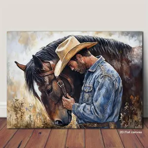 Framed 2D Flat Cowboy and Horse Animal Artwork Print - Cow Artwork, Horse-Themed, Decorative Frame Print for Home & Office Decor (Ready-for-Display), Animal Artwork Prints, Cow Artwork Prints