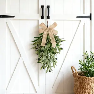 Artificial Olive Branch Hanging Decoration with Leaves and Hemp Bow, Indoor Outdoor Decor for Front Door, Farmhouse Wall, Windows, Weddings, Greenery Decoration, Home Decor Ornament