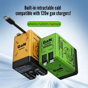 120W GaN Dual-Port Charger, Ultra-Fast PD Quick Charge with Retractable Cable, for iPhone, Android, Laptops, Tablets & Phones