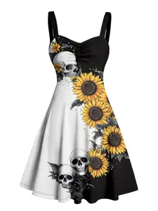 2025 Women's Gothic Dresses Contrast Color Sunflower Skulls Pattern Ruched Bust Dress Sweetheart Neck A Line Mini Holiday Dress