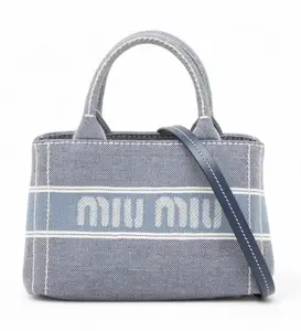 Pre-owned miu miu Denim Crossbody Bags Logo Mini Tote Bag Blue Jacquard Crossbody