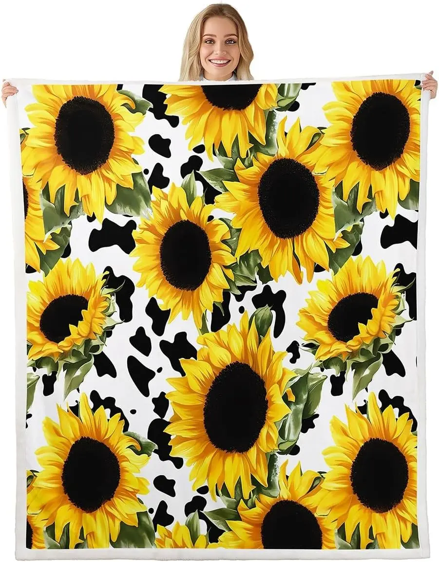 Feelyou Sunflower Fleece Throw Blanket Botanical Floral Plush Blankets and Throws Yellow Sunflower Cows Print Sherpa Blanket for Women Soft Lightweight 90" x 90"