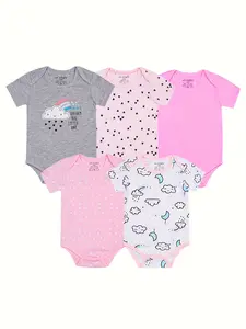 JY.COZY FOR BABY Baby Girl Clothes Onesie Pink and Gray 5 Pieces Bodysuits  Set Organic Cotton 5 Romper Infant Homewear Newborn Pajamas Outfits