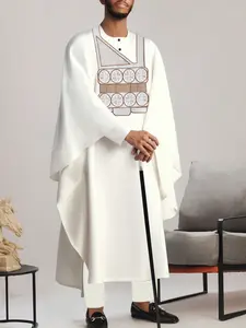 Men's Agbada Dashiki Set, Embroidered Button-Up Shirt & Drawstring Pants, Elegant Three-Piece for Weddings, Parties, Birthdays