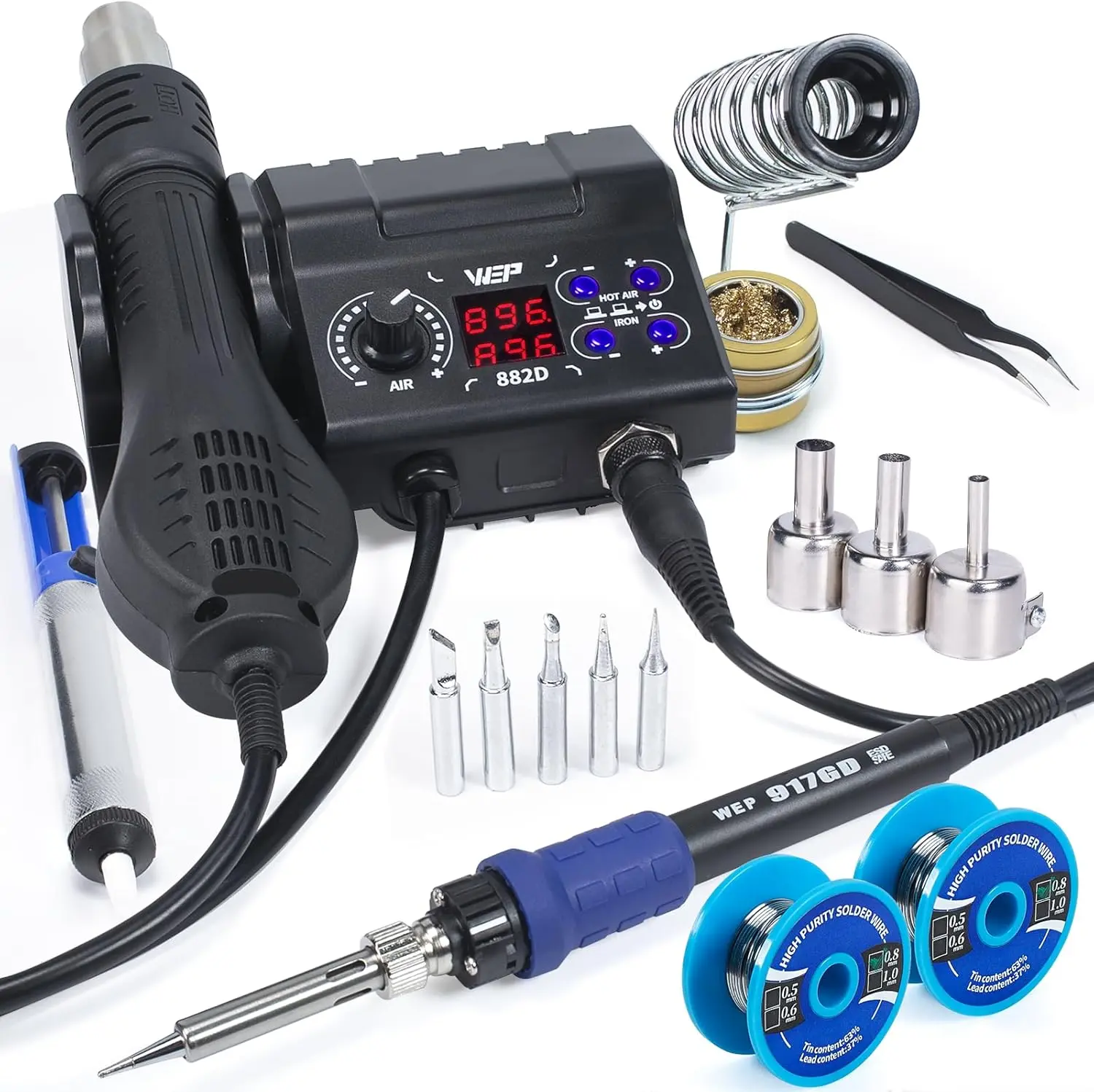 882D Soldering Iron Station 2-IN-1 SMD Hot Air Rework Station with 2 Spools of Solder Wire, 5 Soldering Tips, 3 Hot Air Nozzles, Brass Wool Tip Cleaner, Tweezers, Desoldering pump