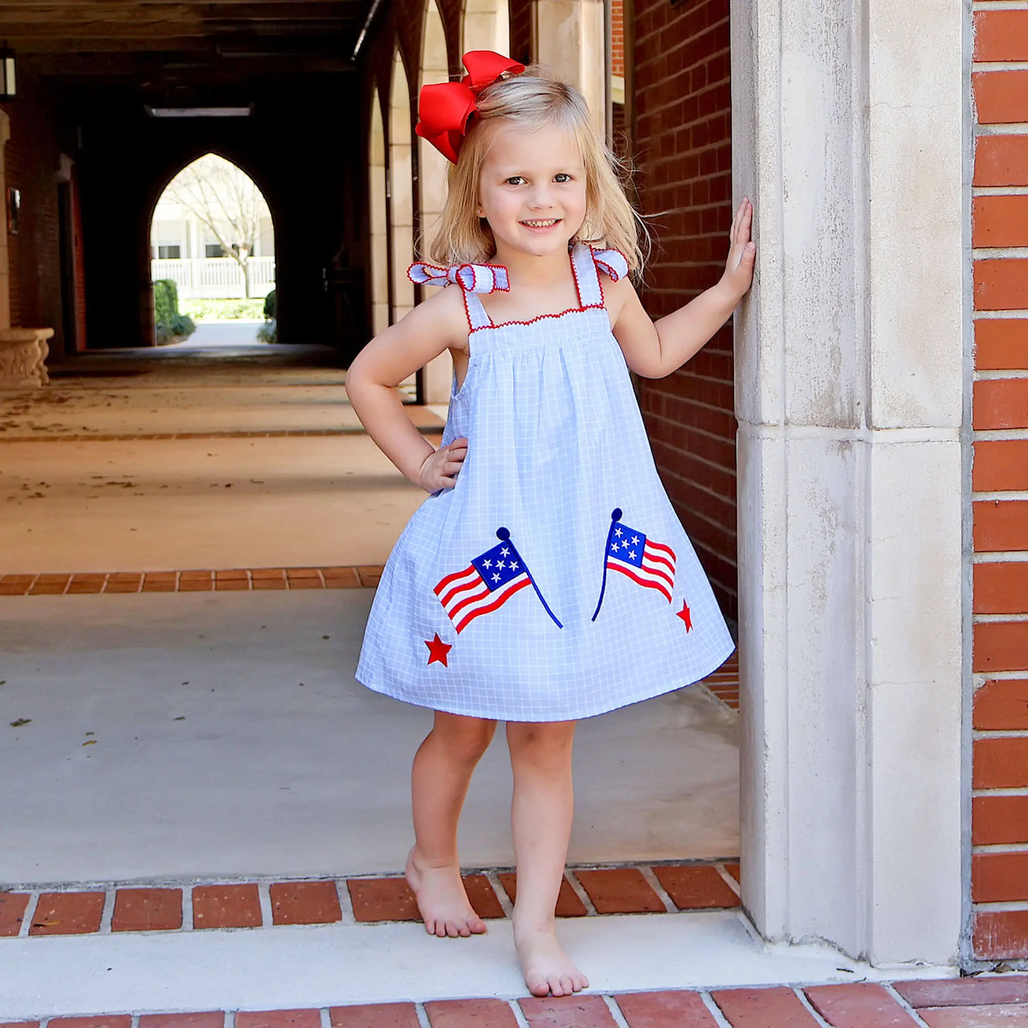 Bright Stars Light Blue Windowpane Amy Dress - Patriotic Flag Dress for Girls