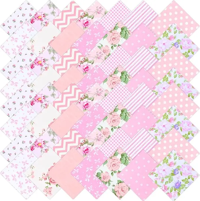 56PCS Charm Packs for Quilting Pink Cotton Fabric Squares 5 Inch Precut Fabric Squares Charm Packs for Quilting Floral Patchwork Pink Cotton Fabrics for Sewing Patchwork DIY Craft
