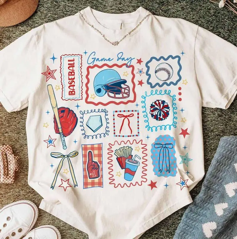 Game Day Baseball Tshirt, Cute Sports Clipart With Helmet Bat Glove And Cheer Icons For Moms And Fans, Baseball Doodle Mens Tee