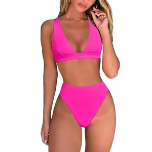 Womens High Waisted Thong Bikini Sets Sexy Brazilian Triangle Top Deep V Neck Two Piece Swimsuit Bathing Suits