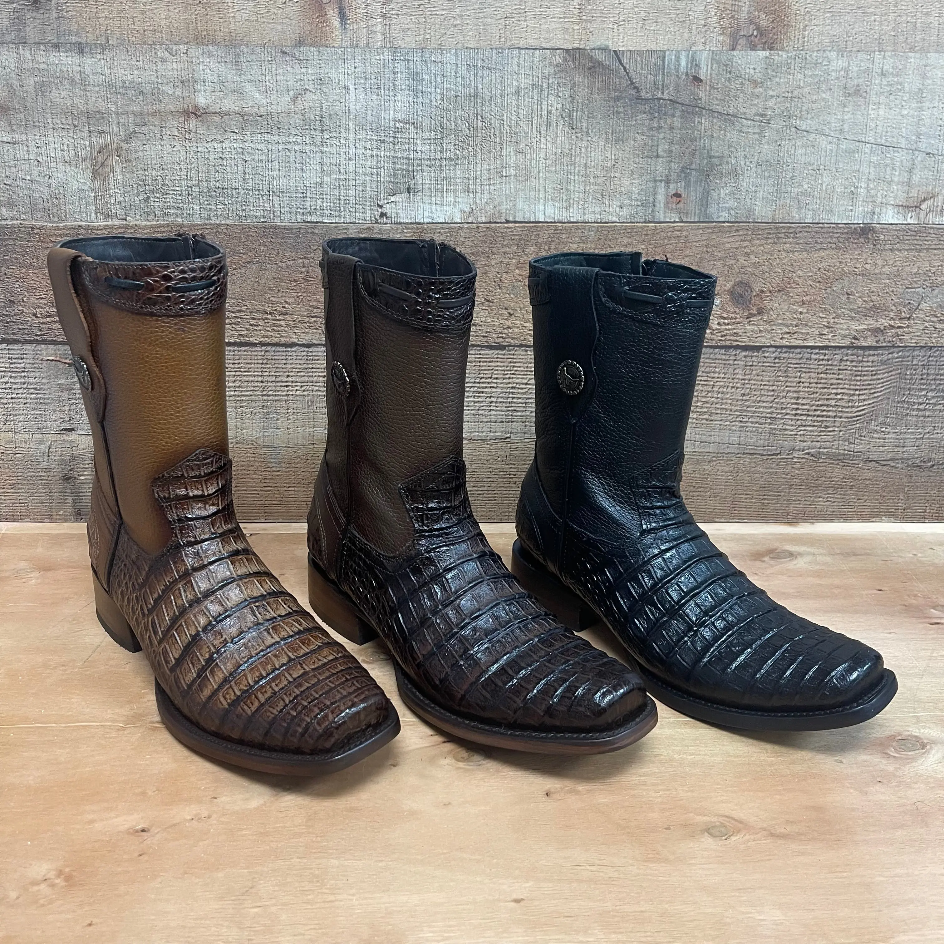 Men's Western Rodeo Cowboy Side Zipper Genuine Leather with Cayman Print Dubai Toe Boots Est.265 Cayman Cierre Horma Dubai