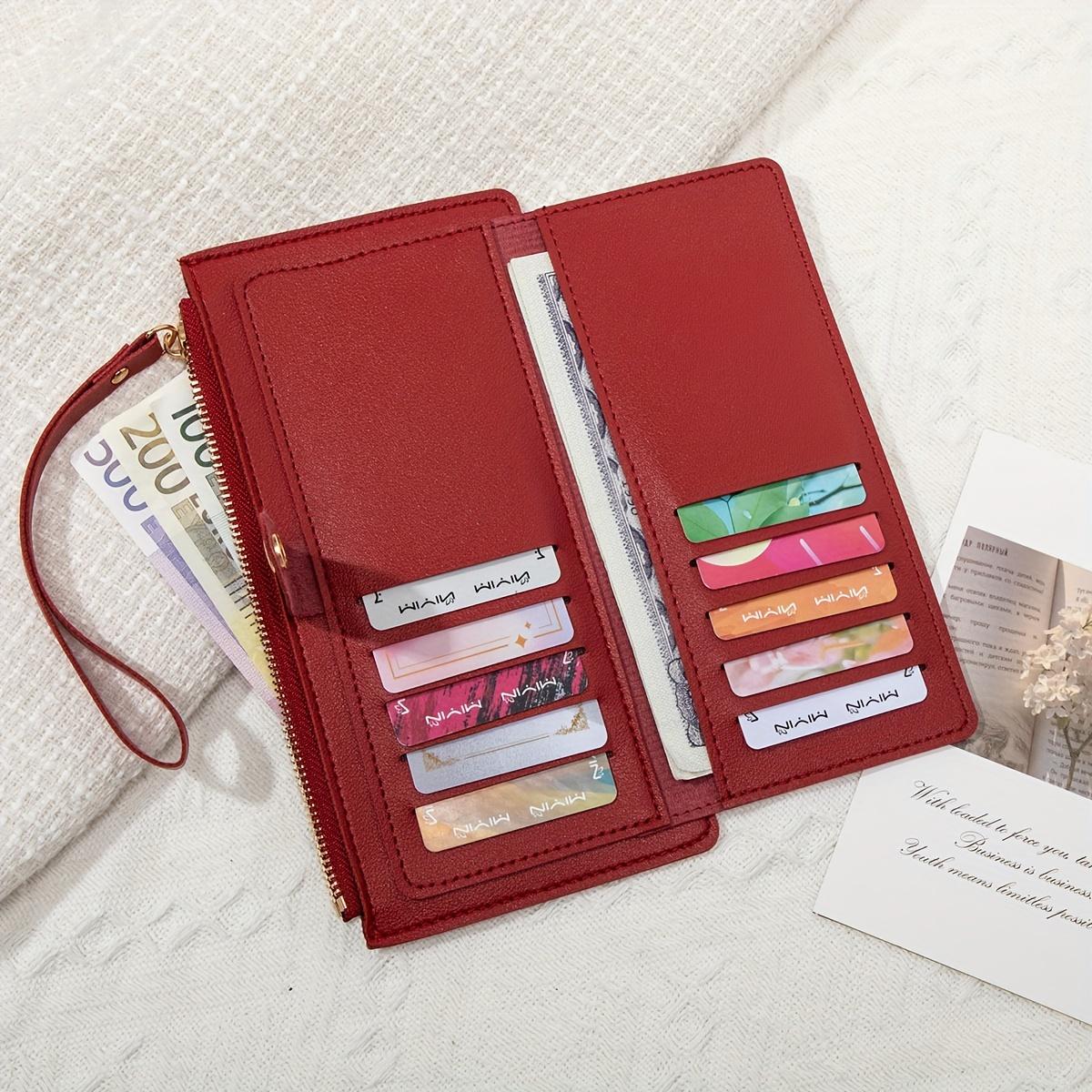 Wine Red Women's Card Holder Wallet, Multi-Functional Zipper Wallet with Multiple Card Slots, Clutch with Snap Closure, Long Zipper Wallet