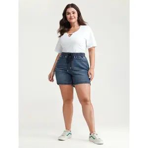 【Summer Turn-Up】BlOOMCHIC Plus Stretchy Contrast Drawstring Skinny-Fit Denim Shorts [1x-6x] 2026 Summer Pick for Mother's Day Blue Bottom