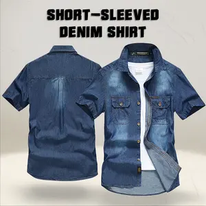 Men’s summer washed distressed denim mid-length shirt, vintage workwear style, double chest pocket design, suitable for everyday wear, outdoor casual activities, and light workwear looks.