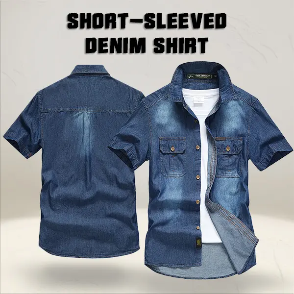 Men’s summer washed distressed denim mid-length shirt, vintage workwear style, double chest pocket design, suitable for everyday wear, outdoor casual activities, and light workwear looks.