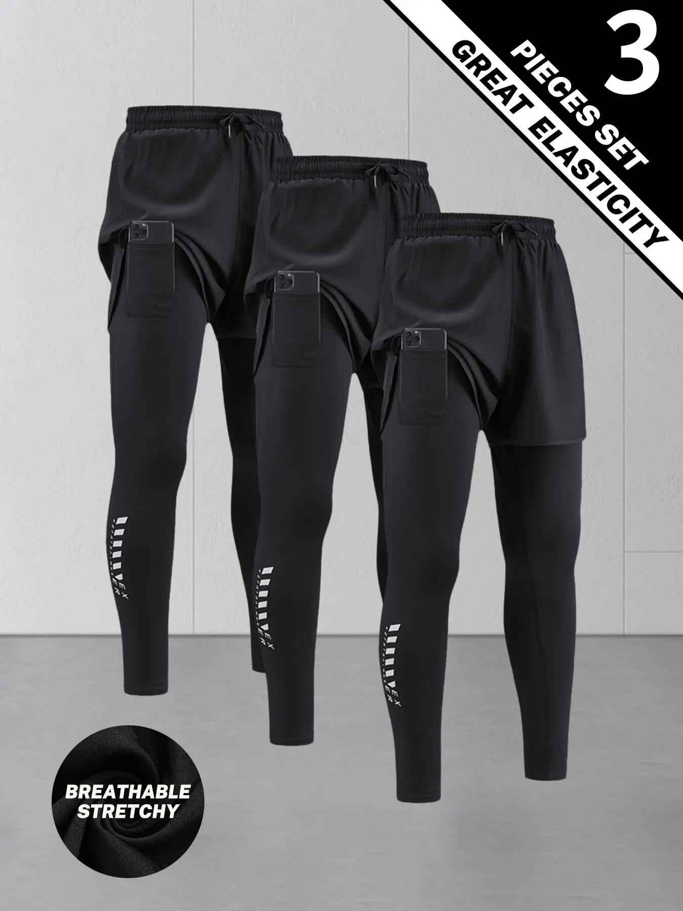 3 Pack Men's 2 in 1 Running Leggings Quick Dry Double Layer Athletic Workout Pants with Phone Pocket Elastic Drawstring Gym Training Tights
