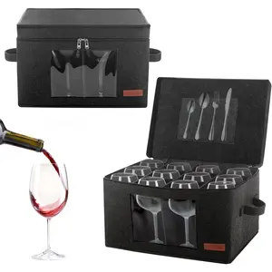 2 Pack  Glass Storage Box with Dividers, Stemware Storage Containers for Packing and Moving,  Storage Containers Box for 12  Glassware,  Glasses, Drinkware,Dark Gray