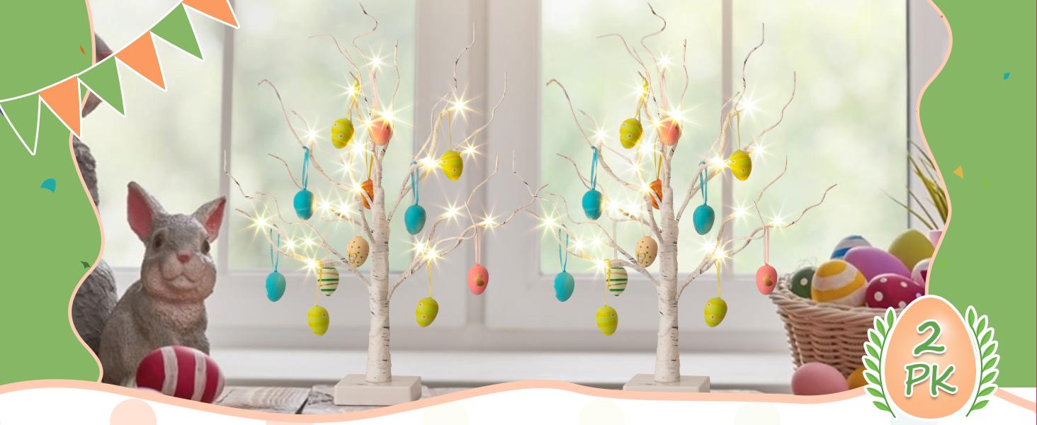 PEIDUO Easter Decorations Lighted White Birch Tree with 18x2 Eggs Ornaments Battery Powered Timer 24 LED Tabletop Centerpiece Spring Home Decor 2 Pack