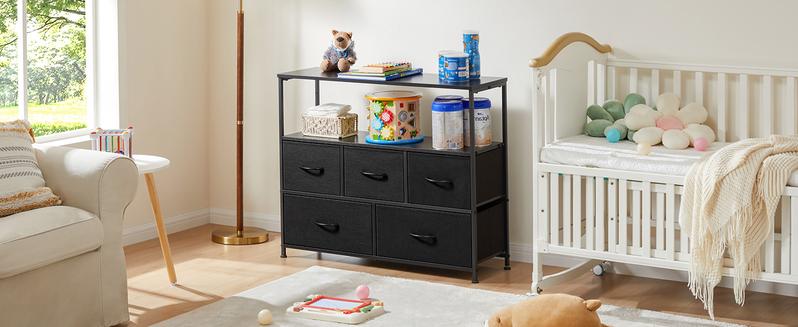 Entertainment Center with 5 Fabric, Media Console Table Open Storage Shelf Dresser for Bedroom/Living Room/Hallway, TV Stand with 5 Drawers Entertainment Center with 5 Fabric, Media Console Table Open Storage Shelf Dresser for Bedroom/Living Room/Hallway, TV Stand with 5 Drawers