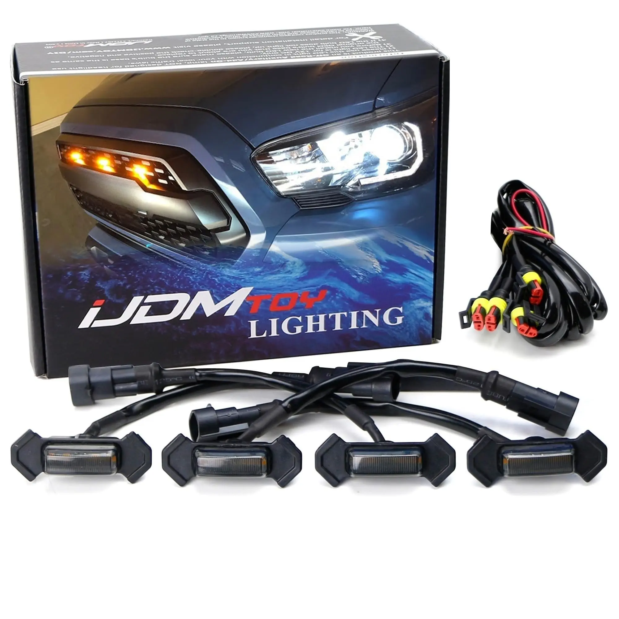 iJDMTOY 4pc Set Smoked Lens Front Grille Lighting Kit For 2016-2023 Toyota Tacoma w/TRD Pro Grill ONLY, Includes (4) 4-SMD 2500K Amber LED Light Assy & Wiring Harness