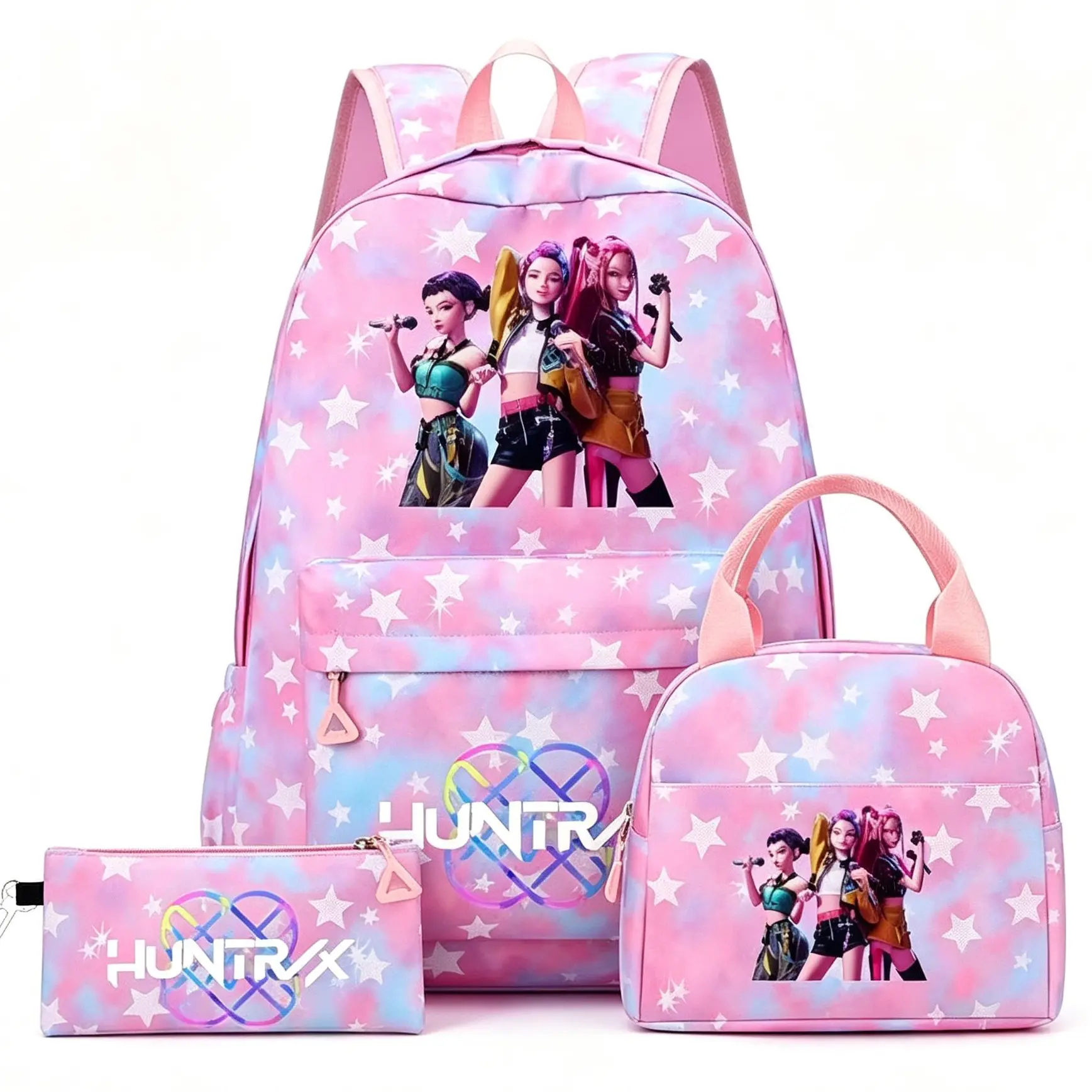 Girls' 3-Piece KPOP Cartoon Print Backpack Set - Pink Rainbow Heart Star, Large-Capacity Lightweight Water-Resistant Student School Bag with Insulated Lunch Bag & Matching Pencil Pouch