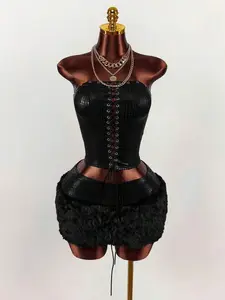 Women's Y2K Faux Crocodile Crop Top & Faux Fur Mini Skirt Set | Lace Up Sleeveless Sexy Party Clubwear Two Piece Outfit