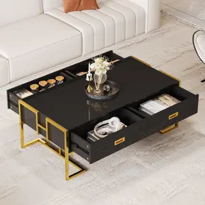 47.3" Coffee Table with Storage, Rectangule Coffee Table with 4 Drawers and Gold Base, Modern Center Table for Living Room, Black