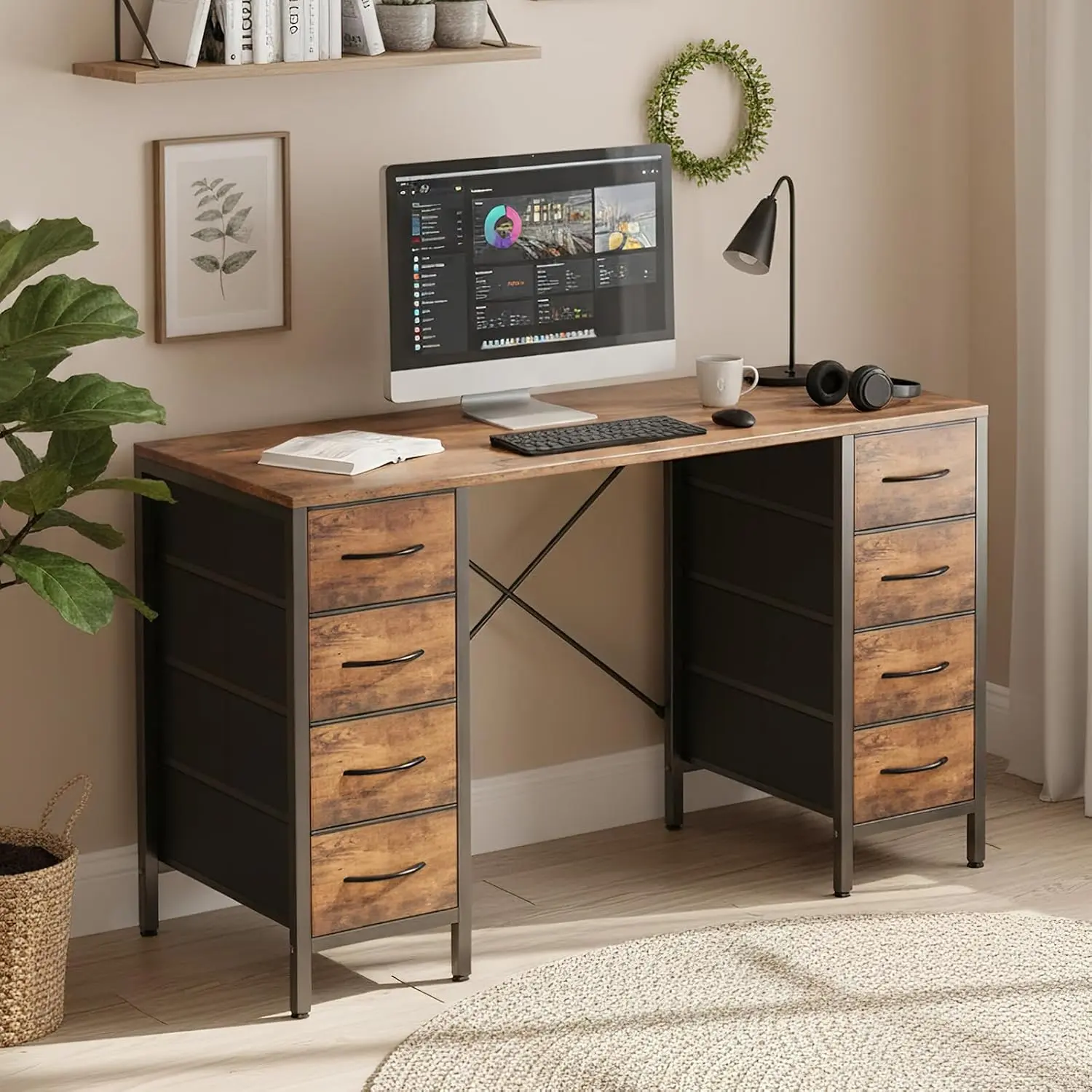Computer Desk with 8 Drawers, 47" Home Office Desk | Rustic Brown Gaming Writing Study PC Table for Home Office, X-Shaped Reinforced Frame