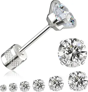 Threadless Flat Back Stud Earrings, 6 Pairs Titanium Hypoallergenic Earrings for Women Men, Cubic Zirconia Silver Gold Stud Earrings Surgical Stainless Steel Stud Earring Set for Cartilage 2-8mm