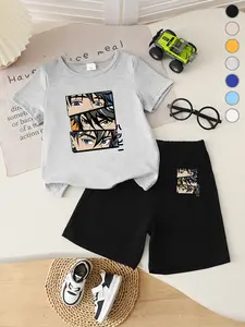 Summer Boys' T-Shirt Short Sleeve + Loose Shorts Set, Anime Character Eye Print, Casual Comfortable Fit, Perfect Gift for Kids