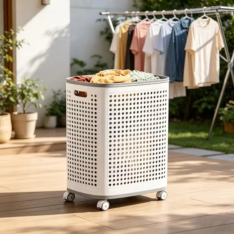 18.49gal Large Capacity Breathable Laundry Hamper With Lid & Wheels - White Plastic Rolling Storage Bin Organizer For Clothes (Laundry Room), Bedding (Bedroom), & Miscellaneous Items, Shelf Baskets