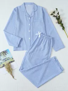 Women's Sleepwear Set, Sweet Casual Home Clothes, Long Sleeve Night Shirt with Bow Pants, Pocket Design, Elegant Striped Pajamas, Loungewear