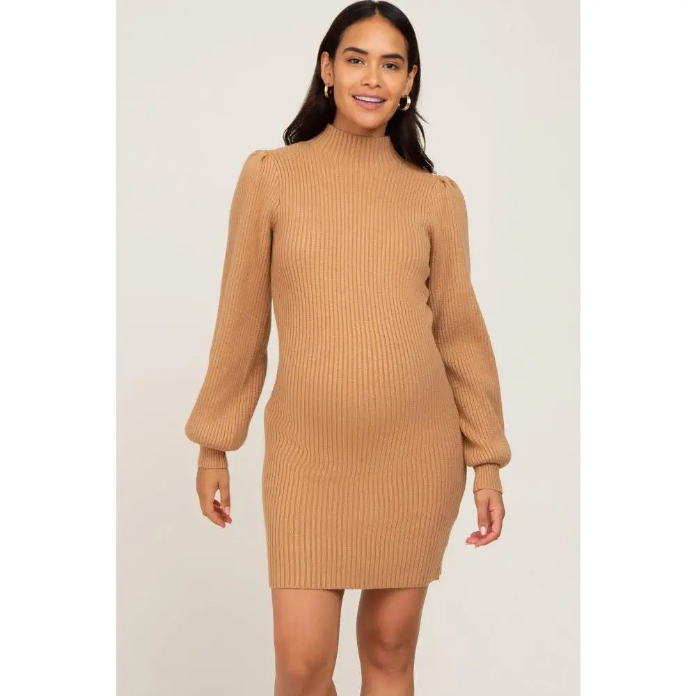 Camel Mock Neck Puff Sleeve Maternity Sweater Dress