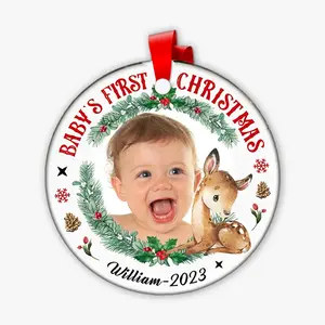 Personalized Baby's First Christmas  Circle Ornament & Photo Deer Baby's First Christmas Circle Ornament