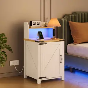 OKD Nightstand with Charging Station 18 Inch Farmhouse End Table Barn Door Adjustable Storage Shelf Rustic Wood Sofa Side Table Antique White for Living Room Bedroom