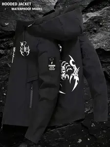 Trendy Hooded Jacket with Scorpion Print, Waterproof Fitted Design, Long Sleeve Casual Outerwear for Fall & Winter