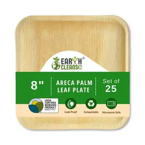 EARTH CLEANSE Areca Palm Leaf Square Plates 8-Inch Set of 25 Disposable Plastic Eco-Friendly Biodegradable & Durable Leak Proof Compostable Microwave Safe Party Supplies