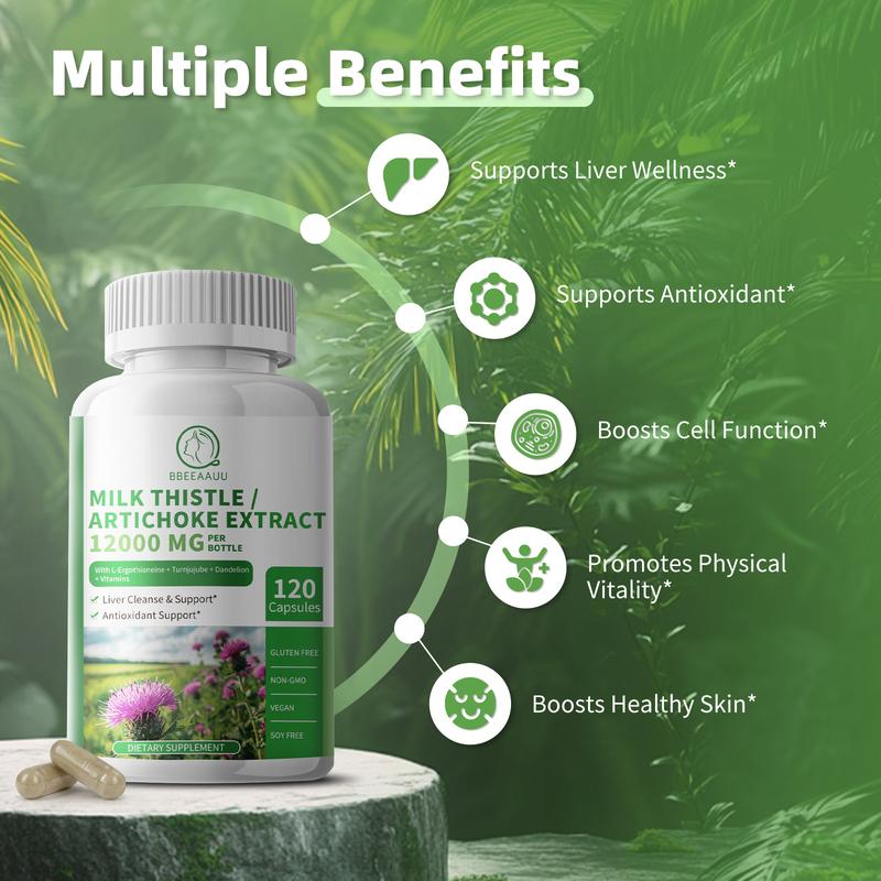 BBEEAAUU Milk Thistle Supplement 12000mg Liver Cleanse Detox & Repair Formula 16-in-1 Herbal Liver Support Pill 120 Capsules Non-GMO Soy-Free
