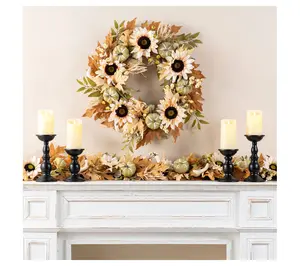 Glitzhome 24"D Fall Harvest  Sunflower, Pumpkin & Leaf Wreath
