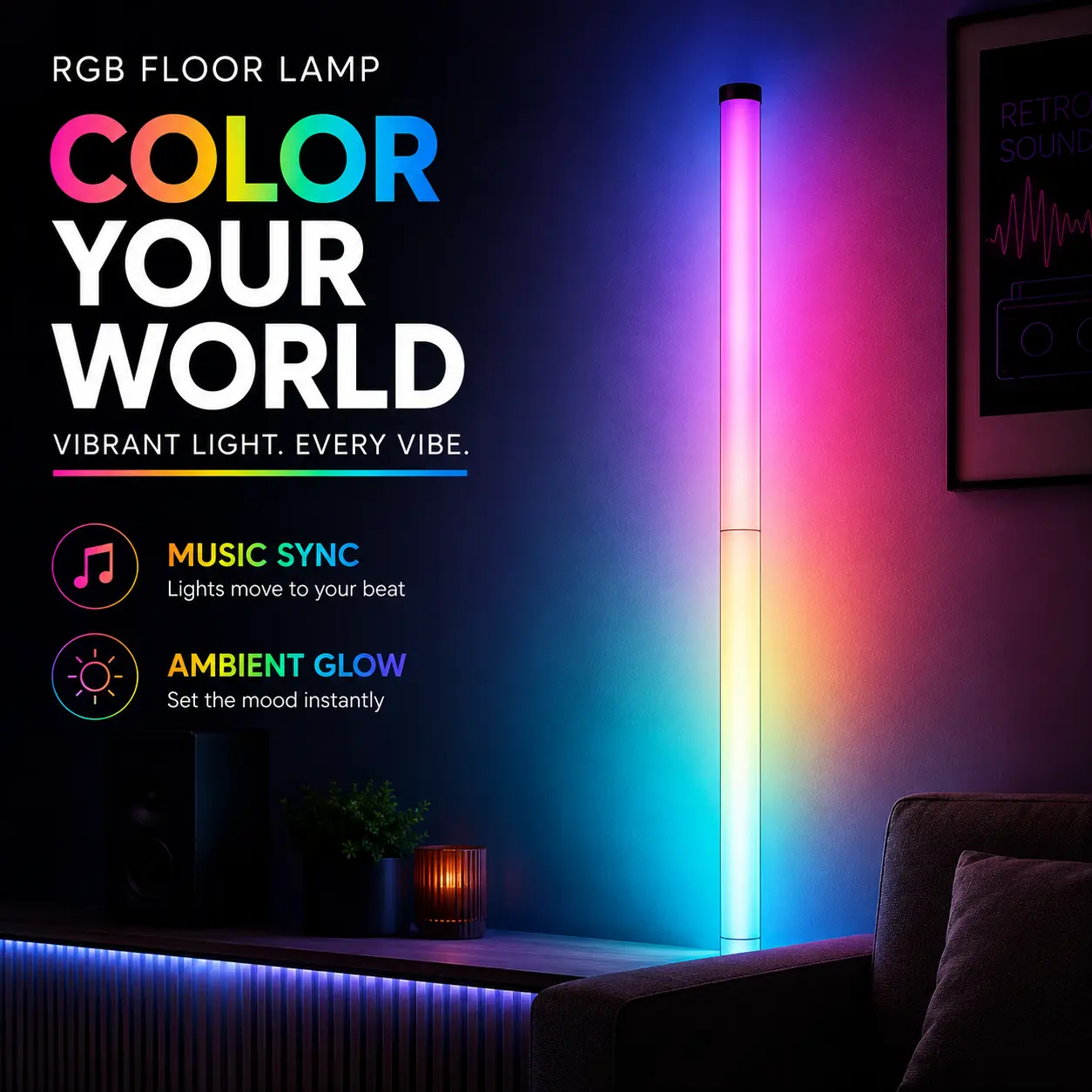 1PC/2PCS RGBIC Corner Atmosphere Light, LED Floor Lamp with Music Sync, Layered Color Effects, App & Remote Control, Adjustable Brightness and Timer for Bedroom, Gaming Area & Living Space