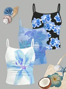 3-piece set of slim fit casual camisole short top with floral print and retro animal pattern for teenage girls