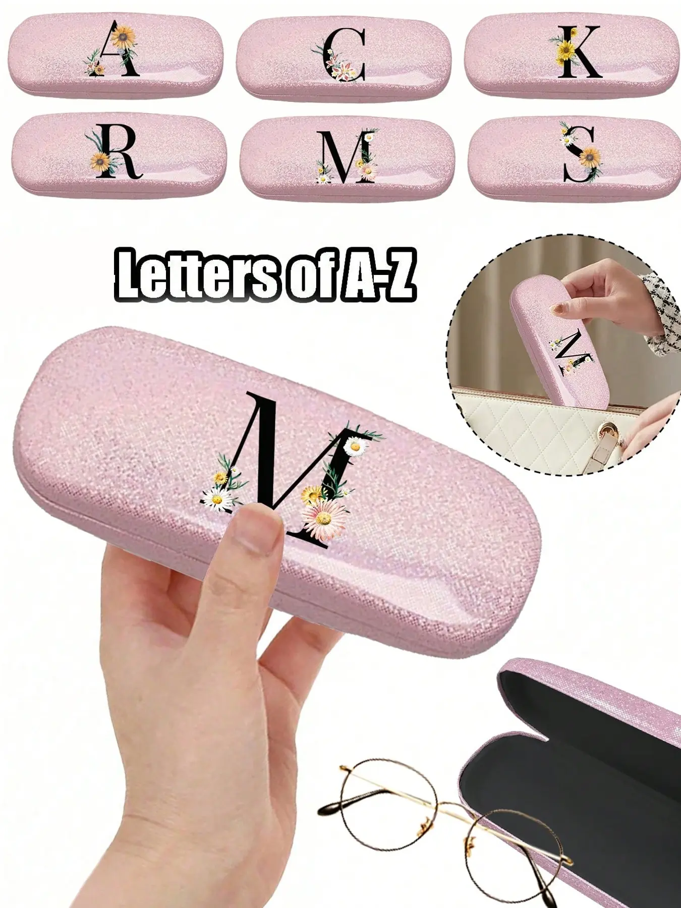 1pc Y2k Style Glitter Star Glasses Case, Glasses Storage, With Daisy Flower Black Letter A-Z Pattern, Convenient And Portable With Waterproof And Dust Proof, Candy Colored Hard Sunglasses Case (Small Size, Made Of Plastic Material)