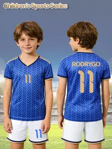 2-piece quick-drying soccer set for children and boys with blue leaf pattern, featuring golden number 11 and name RODRYGO, including a soccer jersey and moisture-wicking, sweat-absorbing shorts, suitable for training, matches and outdoor activities.