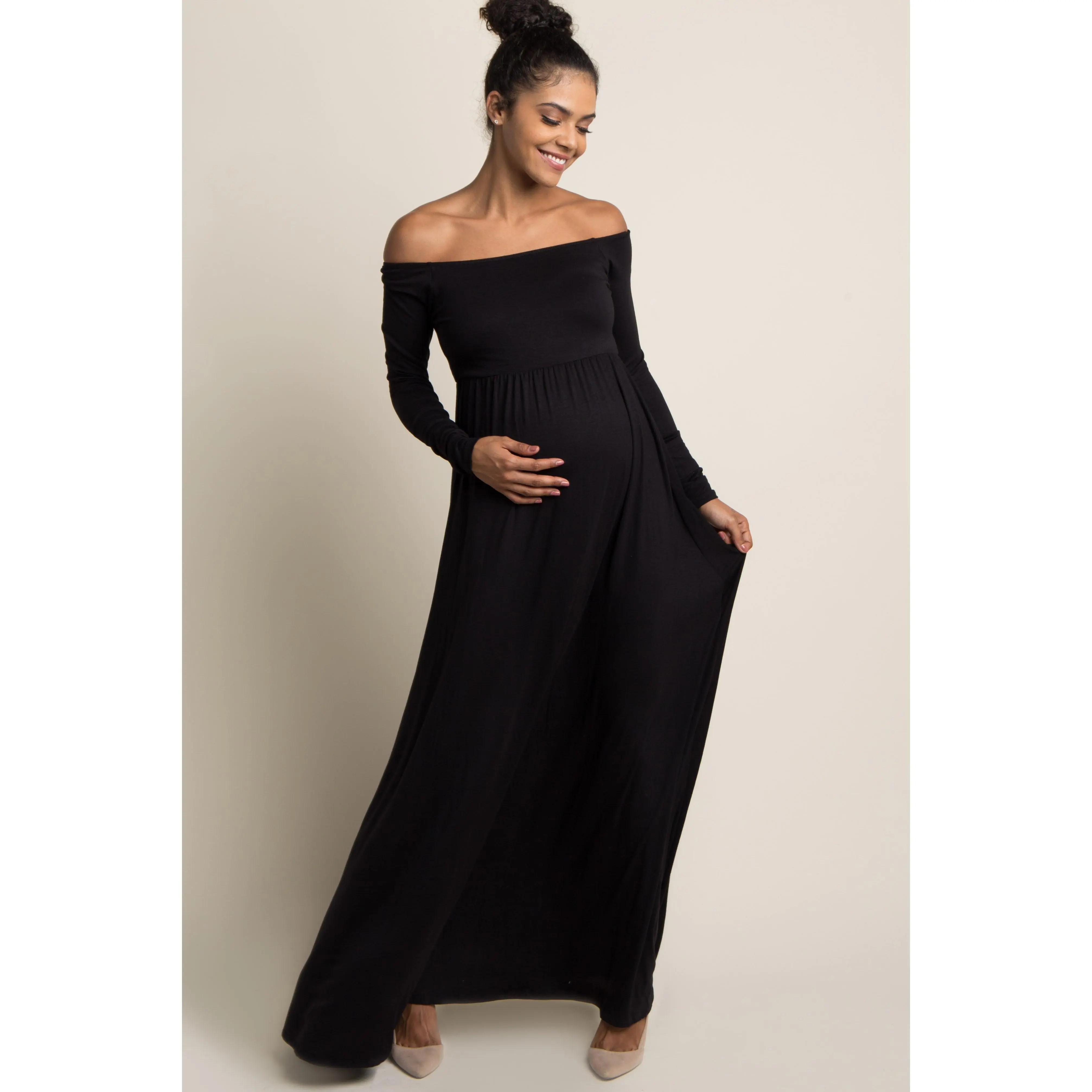PinkBlush Petite Black Solid Off Shoulder Maternity Maxi Dress, Maternity Clothes, Pregnancy Outfits, Elastic Cinch