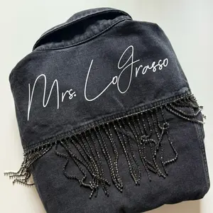 personalized black denim rhinestone fringe bride jacket