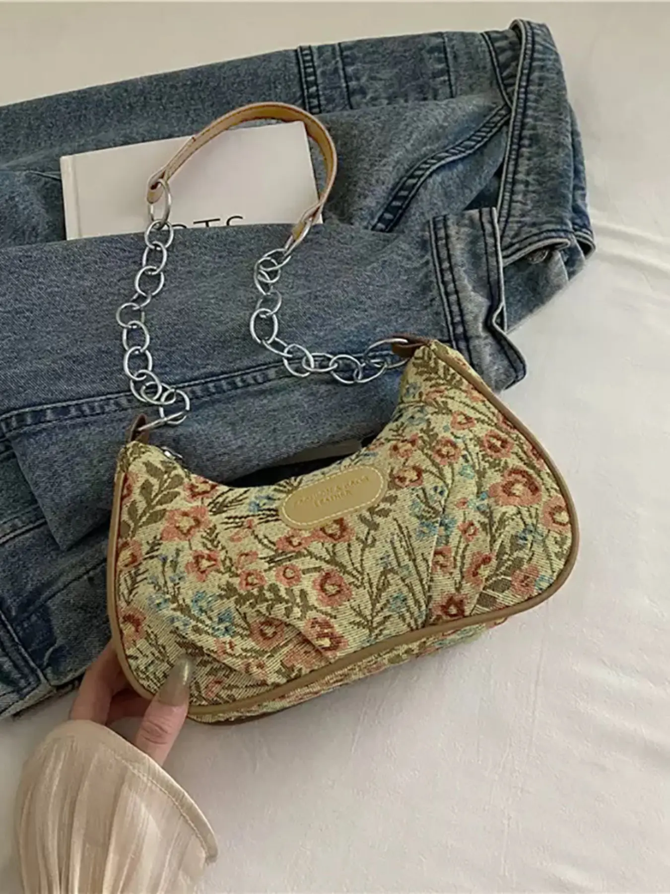 Women's Fashion Versatile Solid Color New Floral Print Shoulder Bag, Casual Simple French Bag, Small Square Bag, Crossbody Chain Bag, Versatile Shoulder Bags, Fashionable Patterned Bag