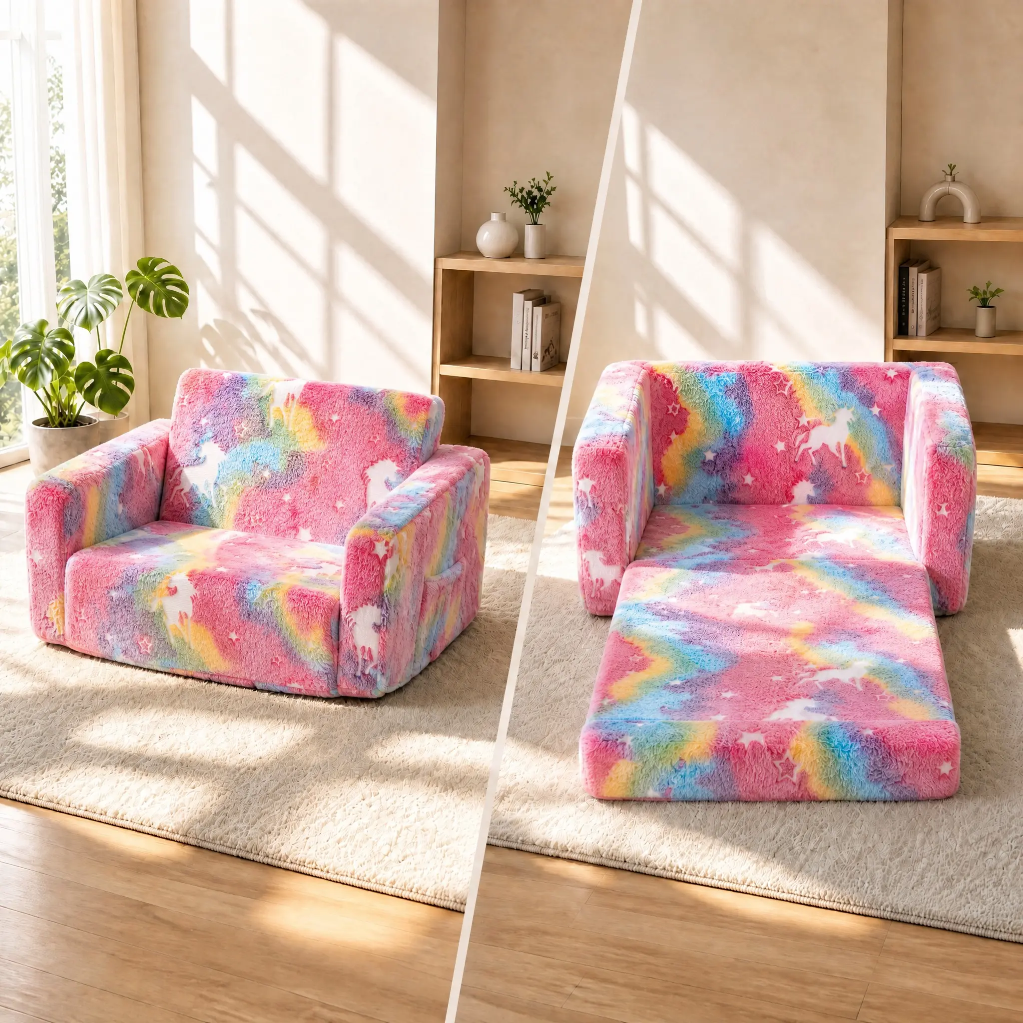 Pink Unicorn Pattern Children's Folding Sofa Chair - Fun Furniture, Comfy Flannel Fabric Kid Couch, Machine Washable, Kids' Size Fit Toddler Armchair for Boys' Bedroom, Cozy Story Time Essential, Unicorn Theme Sparks Imaginative Play