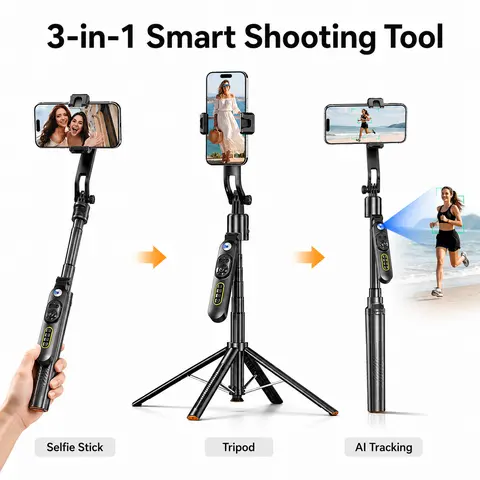 3-in-1 AI Tracking Selfie Stick Tripod - Extendable Plastic/Metal Vlogging Tool, 360° Auto Face & Body Tracking Phone Stand with Bluetooth Remote, Tripod for iPhone, Phone Compatible for Content Creators