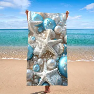 1pc Fresh Blue Ocean Shell Starfish Beach Towel, Reusable Soft Large Bath Sheet, Home Swimming Camping Dual Use