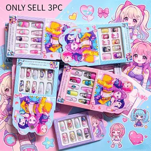 Kids nails for Girl Cartoon Pattern False Nail Cute Child Fake Nails Tips Kawaii Acrylic Artificial Press on Nail+Tool Kawaii Girl Full Cover Short False Nails
